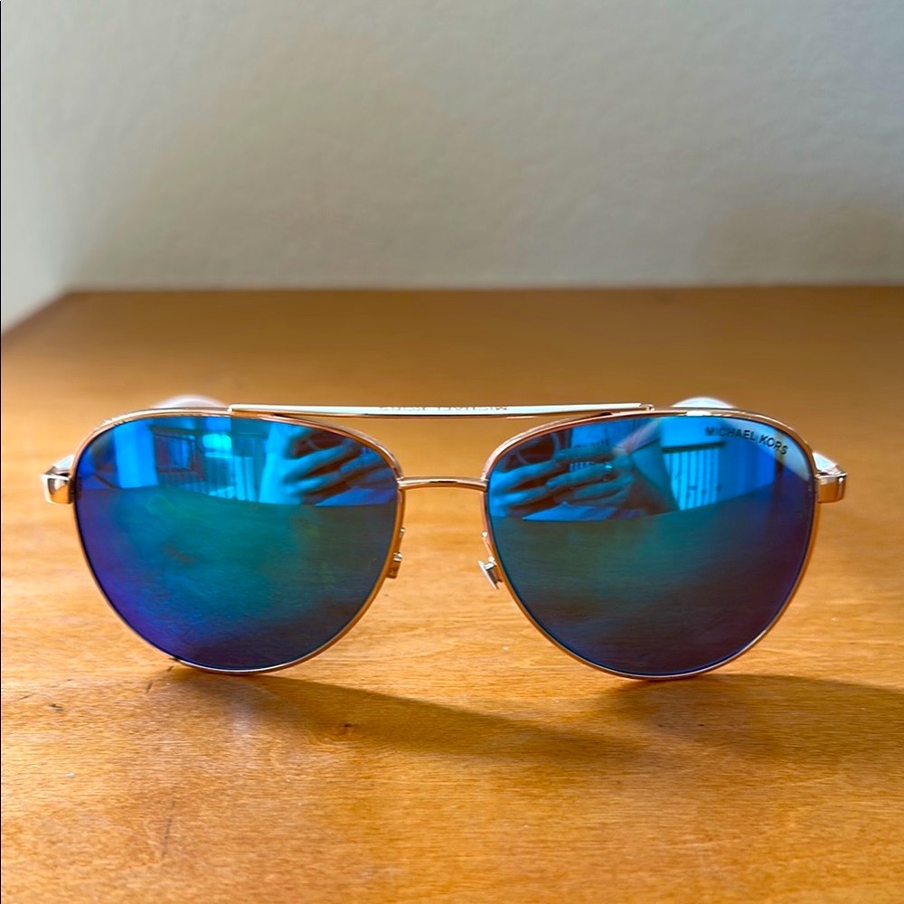 Michael Kors Rose Gold/White Frame with Blue Lenses Aviator Sunglasses